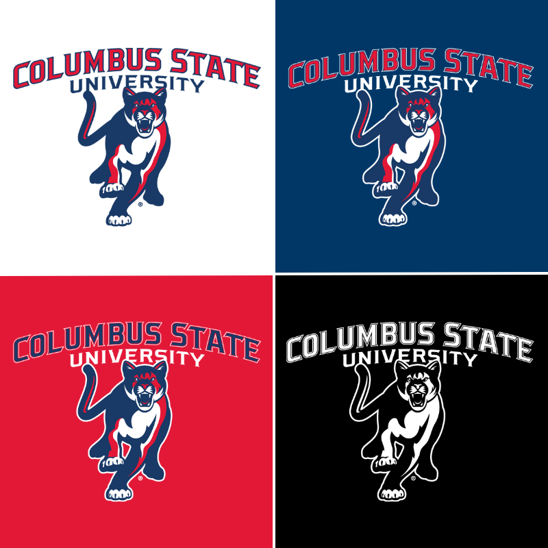 Columbus State University Away Athletic Logos on White, Blue, Red and Black Background