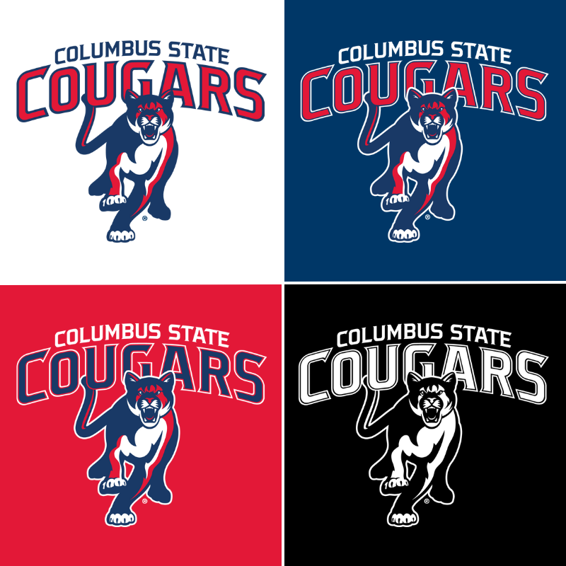 Columbus State University Home Athletic Logos on White, Blue, Red and Black Background