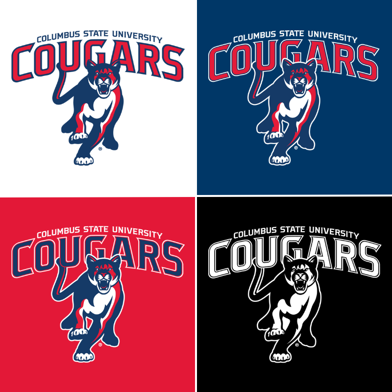 Columbus State University Primary Athletic Logos on White, Blue, Red and Black Background