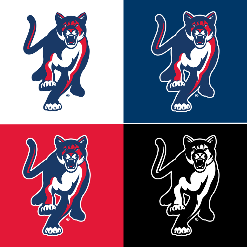 Columbus State University Running Cougar Icons on White, Blue, Red and Black Background