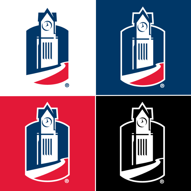 Columbus State University Clock Tower Icons on White, Blue, Red and Black Background