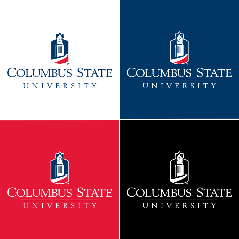 Columbus State University Vertical Logo on White, Blue, Red and Black Background