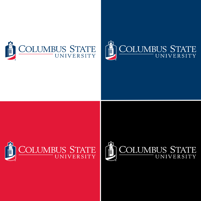 Columbus State University Horizontal Logo on White, Blue, Red and Black Background