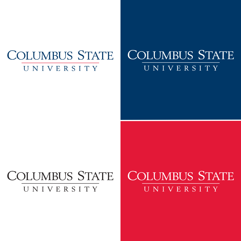 Columbus State University Text Icons on White, Blue, Red and Black Background